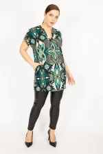 Kadın Yeşil Büyük Beden V Yaka Yan Cepli Düşük Kollu Tunik