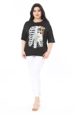 Kadın Büyük Beden Siyah Pamuk Kumaş Ön Baskılı Kısa Kollu Bluz 65N38009