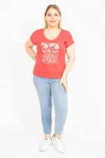 Kadın Nar Büyük Beden V Yakalı Ön Baskılı Bluz 65N35655