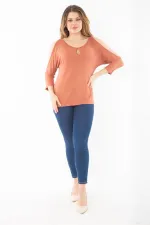 Kadın Büyük Beden Oranj Öpücük Yaka Omuz Dekolteli Uzun Kol Kollu Bluz