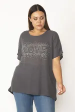 Kadın Füme Taş Detaylı Buklet Dokuma Düşük Kol Salaş Bluz 65N30103