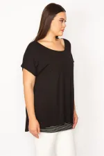 KADIN MAVİ İÇİ ÇİZGİLİ ATLETLİ DÜŞÜK KOLLU BLUZ