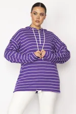 Kadın Mor Ön Pat Fermuarlı Kuşgözü Ve Bağcık Detaylı Kapşonlu Çizgili Tunik 65N28699