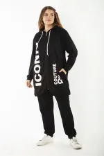 Kadın Büyük Beden Gri Baskı Ve Fermuar Detaylı Kapşonlu Sweatshirt Pantolon Takım 65N37128