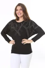 Kadın Büyük Beden Siyah Taş Detaylı Yarasa Kol Bluz 65N37804