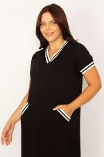 Kadın Lacivert Ribana Detaylı V Yakalı Cepli Elbise 65N34160