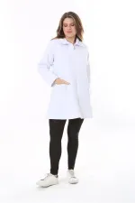 Kadın Büyük Beden Beyaz İçi Şardonlu Ön Fermuarlı 3 İplik Ceket 65N37788
