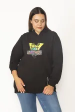 Women's Black Digital Print and Hooded Detailed Side Pocket Sweatshirt 65N30090