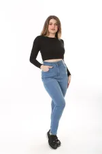 Kadın Büyük Beden Mavi Yüksek Bel Dar Paçalı Likralı 5 Cep Kot Pantolon 65N37642