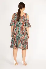 Kadın Fujya Büyük Beden Omuz Dekolteli Dokuma Viskon Kumaş Yan Cepli Elbise