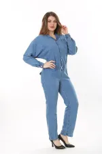 Kadın Büyük Beden Mavi Ön Düğmeli Bel Kısmı Lastik Detaylı Göğüs Ve Arka Cepli Kot Tulum 65N37574