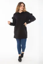 Kadın Büyük Beden Siyah İçi Şardonlu Üç İplik Kol Detaylı Kapşonlu Sweatshirt 65N37299