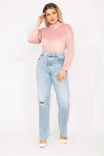 Kadın Büyük Beden Mavi Yıkama Efektli Yırtık Detaylı Yüksek Bel Kot Pantolon 65N37274