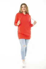 Women's Plus Size Red Double-Thread Hooded Sweatshirt with Raised Inside 65N37160