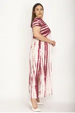 Kadın Fuşya Yakası Geniş Gipe Lastikli Yan Yırtmaçlı Uzun Elbise 65N26897