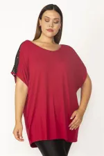 Kadın Bordo Omuz Dantelli V Yakalı Viskon Bluz 65N27507