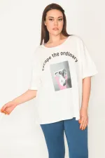 KADIN KEMİK RAHAT KESİM BİSİKLET YAKA ÖN BASKILI BLUZ