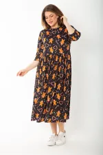 Kadın Büyük Beden Siyah Noel Desenli Belden Büzgülü Kapri Kollu Elbise 65N37427