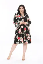 Kadın Büyük Beden Siyah V Yakalı Uzun Kollu Katlı Elbise 65N37944