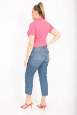 Kadın Mavi Büyük Beden Yıkama Efektli Paçası Pis Dikişli Bilek Boy 5 Cep Kot Pantolon