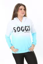 Kadın Büyük Beden Renkli İki İplik Sim Ve Ön Baskı Detaylı Kapşonlu Sweatshirt 65N37162