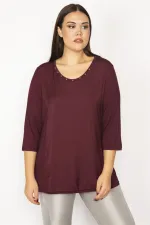 Kadın Mürdüm Yakası Taş Detaylı Kapri Kollu Bluz 65N29285