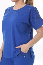 Kadın Büyük Beden Saks Taş Detaylı Kısa Kollu Sweatshirt Pantolon Takım 65N37702