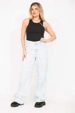 Kadın Büyük Beden Mavi Yıkama Efektli Yırtık Detaylı Yüksek Bel Kot Pantolon 65N36779