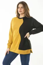 Kadın Büyük Beden Hardal Dueble Face Kumaş Renk Kombinli Sweatshirt 65N37124