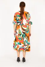 Kadın Renkli Büyük Beden Dokuma Viskon Kumaş Katlı Elbise 65N35838