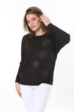 Kadın Büyük Beden Siyah Taş Detaylı Yarasa Kol Bluz 65N37805