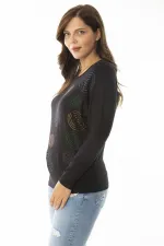 Kadın Büyük Beden Siyah Taş Detaylı Yarasa Kol Bluz 65N36864