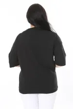 Kadın Büyük Beden Siyah Pamuk Kumaş Ön Baskılı Kısa Kollu Bluz 65N38009