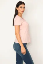 WOMEN'S PINK COTTON FABRIC V-NECK BLOUSE