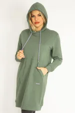 Women's Green Hooded Kangaroo Pocket Long Sweatshirt 65N35070
