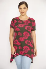 Kadın Renkli Büyük Beden Bisiklet Yakalı Etek Ucu Asimetrik Kesim Kısa Kollu Bluz