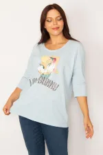 Tunique à manches courtes pour femme, imprimé bleu et sequins, 85N7185