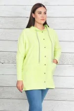 Women's Green Cotton Fabric Hooded Front Button Sweatshirt 65N20439