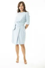 Kadın Büyük Beden Bebe Mavisi Belden Kuşak Bağcıklı Astarlı Elbise 65N36899