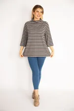 Kadın Gri Sıfır Yaka Çizgili Bluz 65N35169
