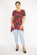 Kadın Renkli Büyük Beden Bisiklet Yakalı Etek Ucu Asimetrik Kesim Kısa Kollu Bluz