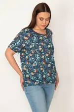 KADIN KEMİK PAMUKLU KUMAŞ BİSİKLET YAKALI ETEK UCU LASTİKLİ ÇİÇEK DESENLİ BLUZ