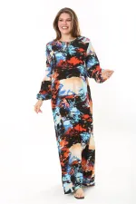 Kadın Büyük Beden Mavi Yaka Bağcıklı Uzun Kollu Maksi Boy Elbise 65N37869