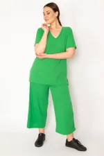 Kadın Fujya Kaşkorse Örme Beli Lastikli Geniş Paçalı Pantolon V Yakalı Bluz Takım 65N32939