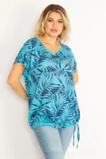 Kadın Mavi Taş Detaylı Etek Ucu Tünel Bağcıklı Bluz 65N34629