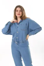 Kadın Büyük Beden Mavi Ön Düğmeli Bel Kısmı Lastik Detaylı Göğüs Ve Arka Cepli Kot Tulum 65N37574