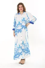 Kadın Büyük Beden Mavi Ön Boy Düğmeli Gömlek Yakalı Uzun Elbise 65N37875