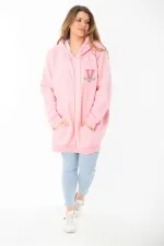 Kadın Büyük Beden Mavi İçi Şardonlu Ön Fermuar Ve Kapşonlu Sweatshirt 65N37405