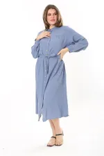 Kadın Lacivert Ön Düğmeli Roba Büzgülü Uzun Kuşaklı Elbise 65N37882