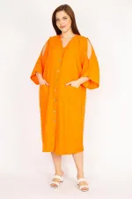 Kadın Camel Büyük Beden Omuz Dekolteli Ön Düğmeli Elbise